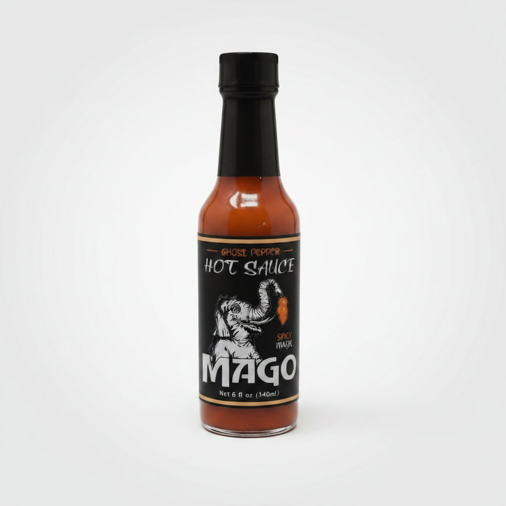 Bottle of Mago Ghost Pepper Hot Sauce on a white background