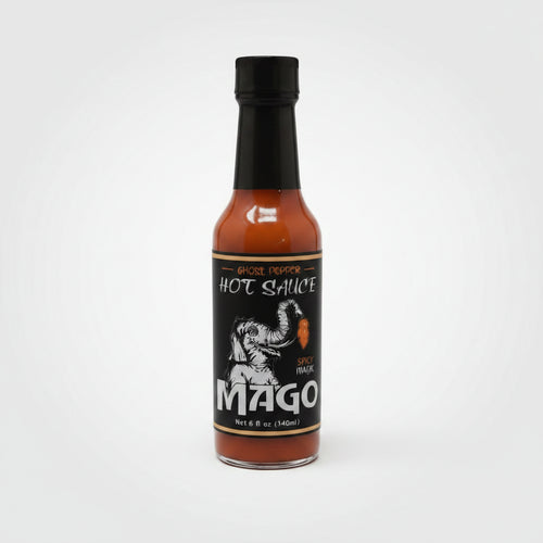 Bottle of Mago Ghost Pepper Hot Sauce on a white background